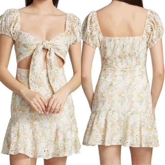 En Saison Yellow Floral Eyelet Tie Front Cut Out Puff Sleeve Smocked Dress S - Picture 13 of 13